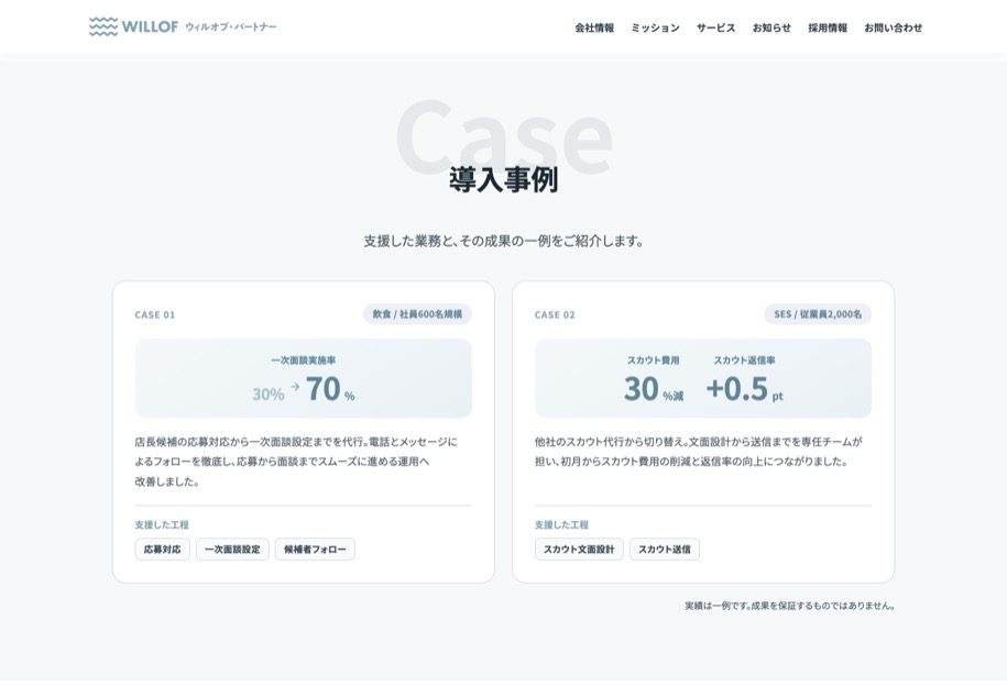 ウィルオブ・パートナー 採用代行 のパソコン表示